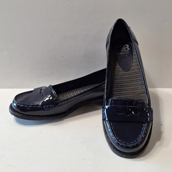 Giana Bini Navy Preppy Minimalist Closet Staple Patent Leather Penny Loafers -7 - Picture 1 of 11